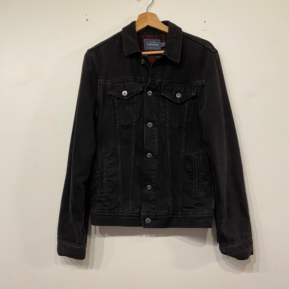 Topman Mens XXS Black Denim Trucker Streetwear Jacket Plaid Flannel Lined